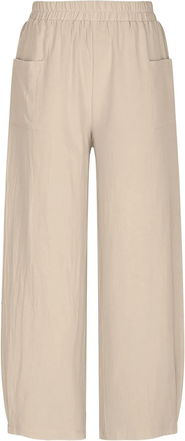 Linen Pants for Women 2025 Trendy Elastic High Waist Loose Fit Trouser Summer Breathable Lounge Pocket Wide Leg Pant