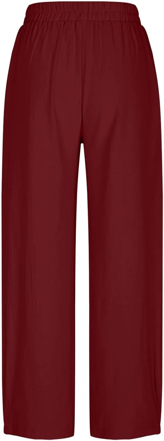 Linen Pants for Women 2025 Trendy Elastic High Waist Loose Fit Trouser Summer Breathable Lounge Pocket Wide Leg Pant