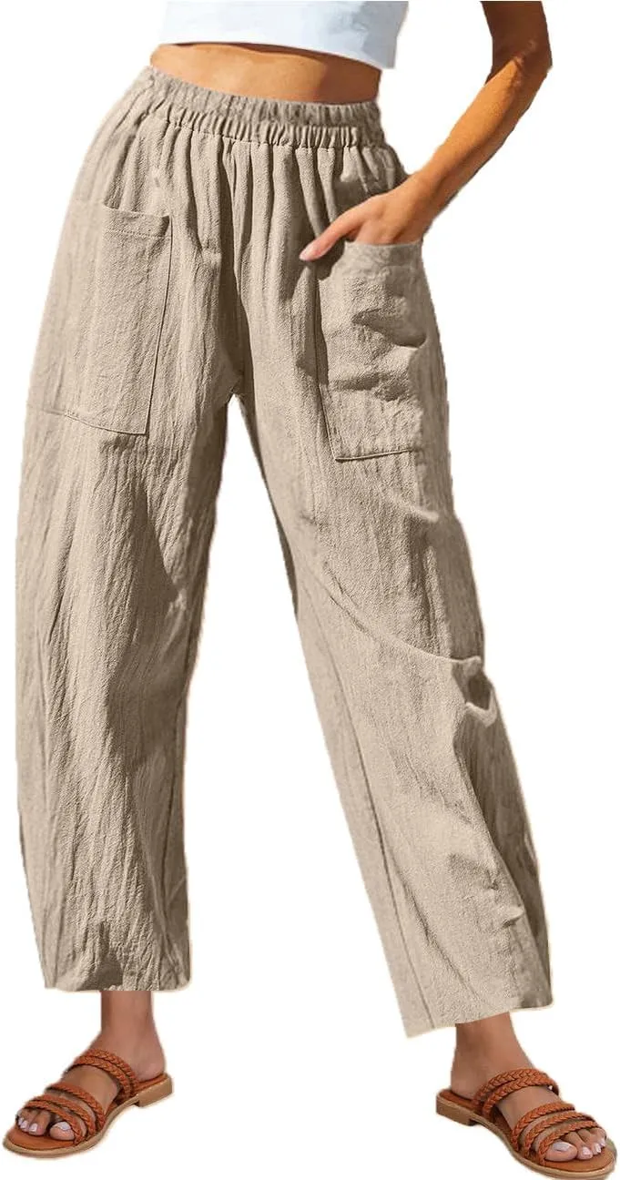 Linen Pants for Women 2025 Trendy Elastic High Waist Loose Fit Trouser Summer Breathable Lounge Pocket Wide Leg Pant