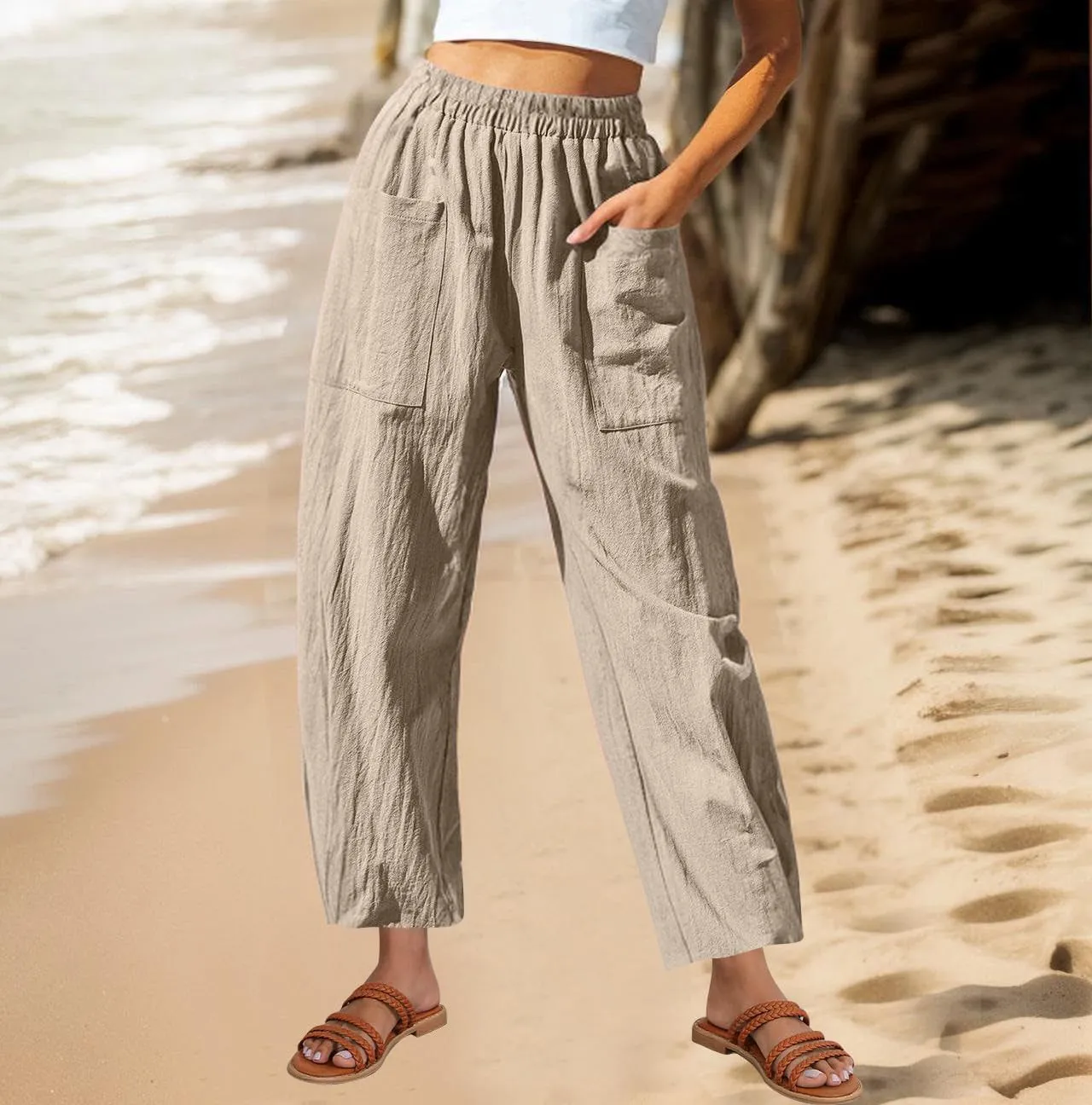 Linen Pants for Women 2025 Trendy Elastic High Waist Loose Fit Trouser Summer Breathable Lounge Pocket Wide Leg Pant