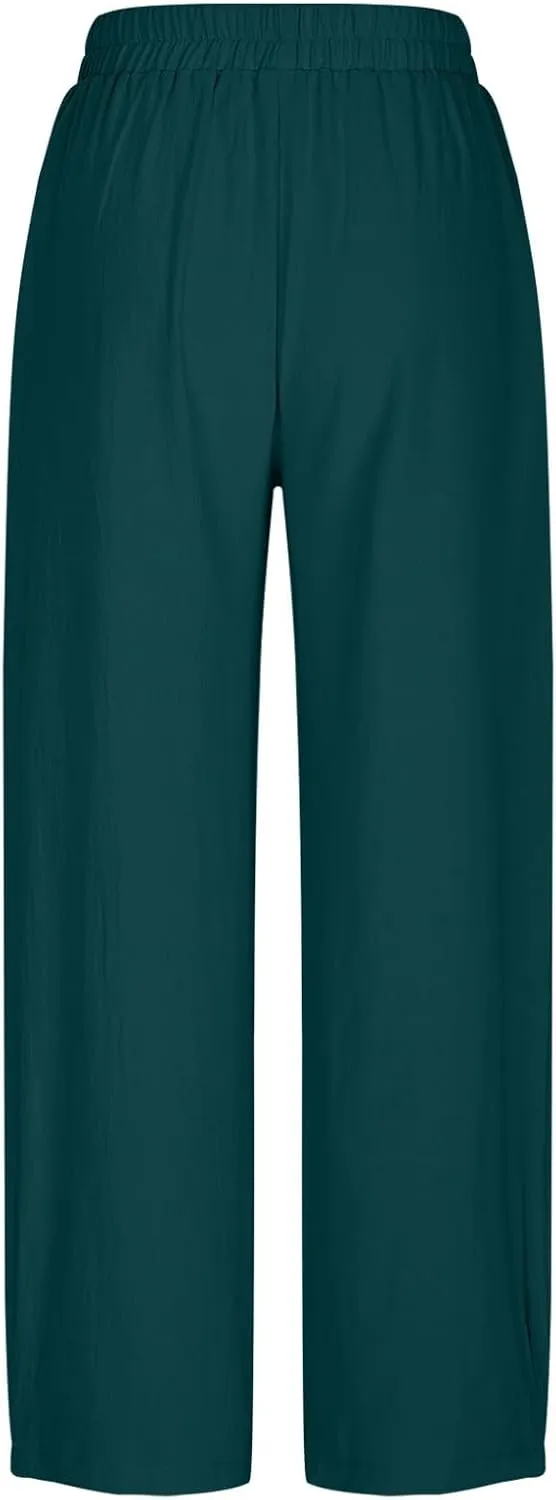 Linen Pants for Women 2025 Trendy Elastic High Waist Loose Fit Trouser Summer Breathable Lounge Pocket Wide Leg Pant