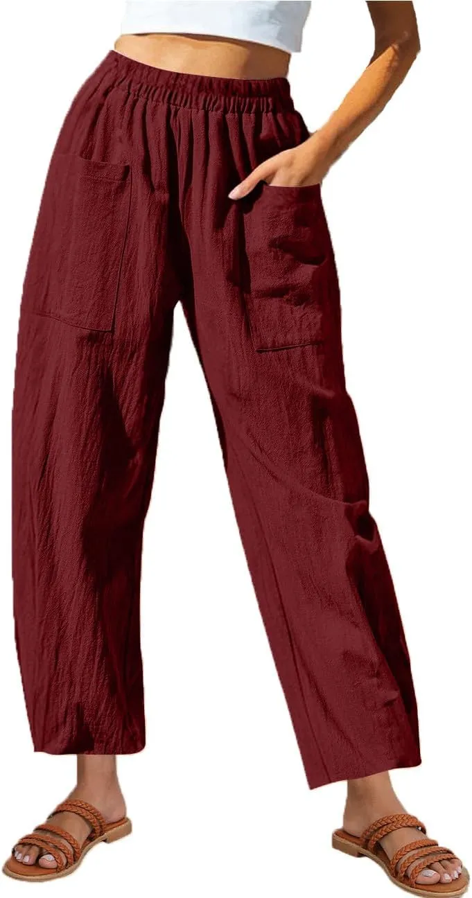 Linen Pants for Women 2025 Trendy Elastic High Waist Loose Fit Trouser Summer Breathable Lounge Pocket Wide Leg Pant