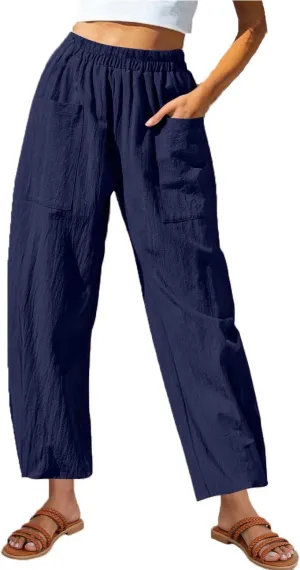 Linen Pants for Women 2025 Trendy Elastic High Waist Loose Fit Trouser Summer Breathable Lounge Pocket Wide Leg Pant