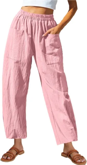 Linen Pants for Women 2025 Trendy Elastic High Waist Loose Fit Trouser Summer Breathable Lounge Pocket Wide Leg Pant