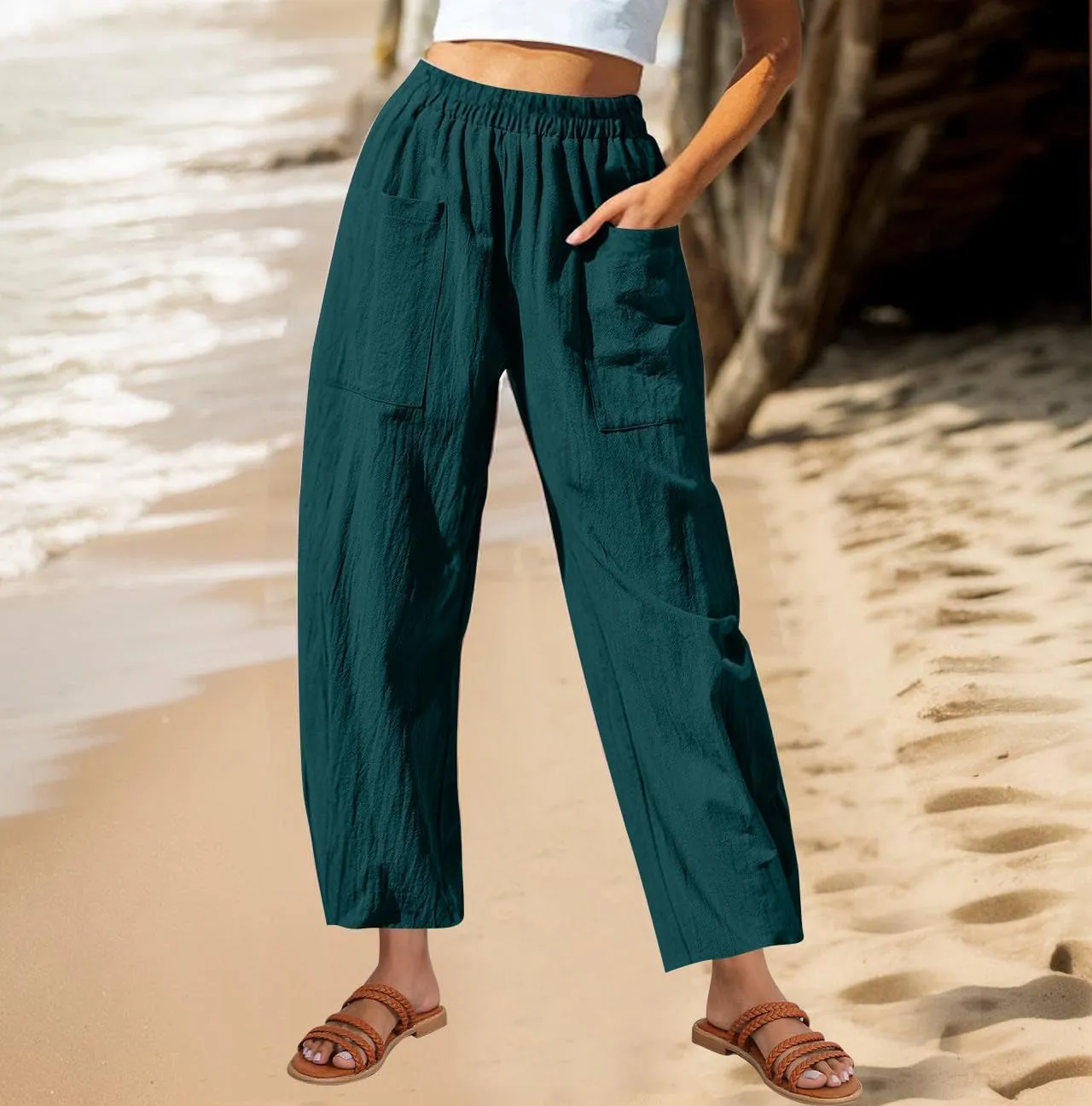 Linen Pants for Women 2025 Trendy Elastic High Waist Loose Fit Trouser Summer Breathable Lounge Pocket Wide Leg Pant