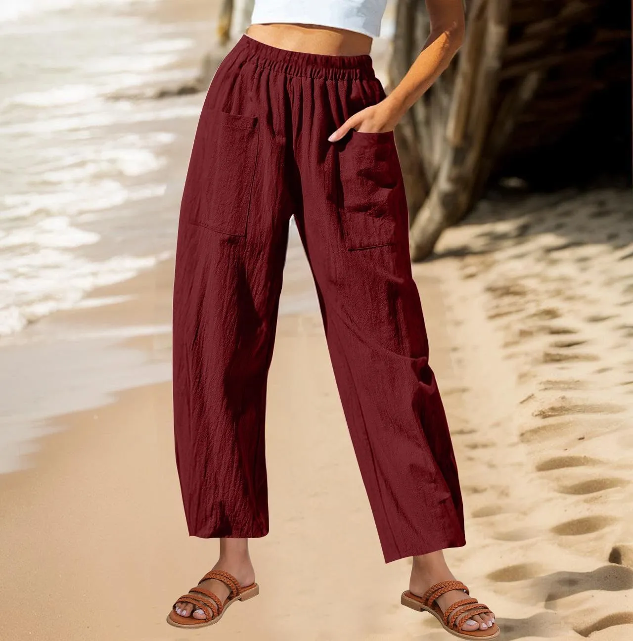 Linen Pants for Women 2025 Trendy Elastic High Waist Loose Fit Trouser Summer Breathable Lounge Pocket Wide Leg Pant