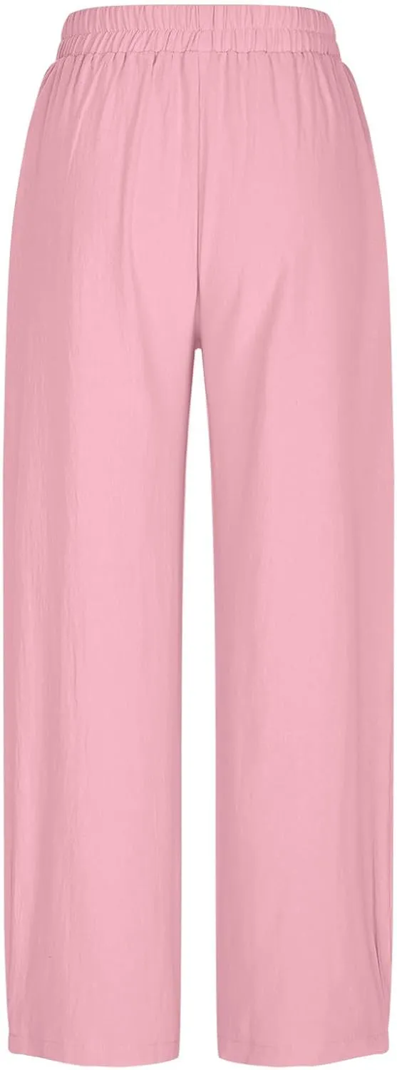 Linen Pants for Women 2025 Trendy Elastic High Waist Loose Fit Trouser Summer Breathable Lounge Pocket Wide Leg Pant