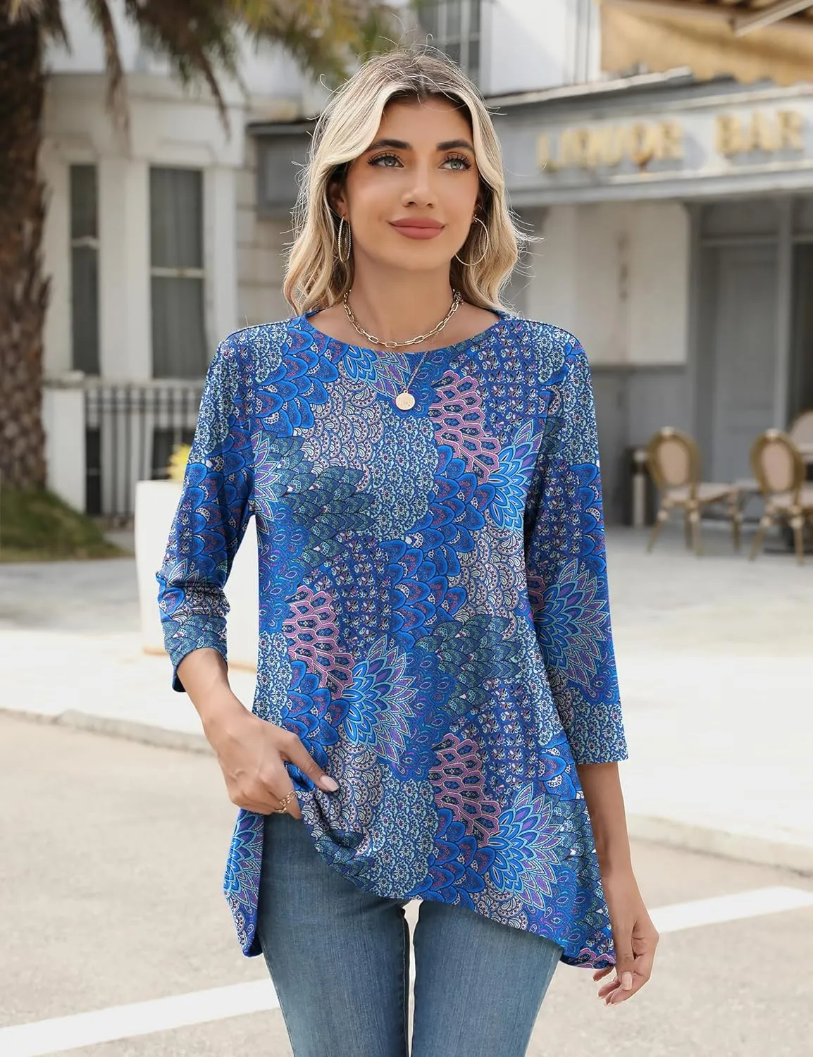LOMON 3/4 Sleeve Tunic Tops for Women Loose Fit Dressy Casual Blouse Flowy Shirts to Wear with Leggings S-3XL
