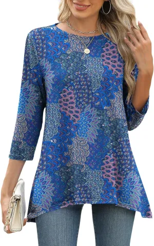 LOMON 3/4 Sleeve Tunic Tops for Women Loose Fit Dressy Casual Blouse Flowy Shirts to Wear with Leggings S-3XL