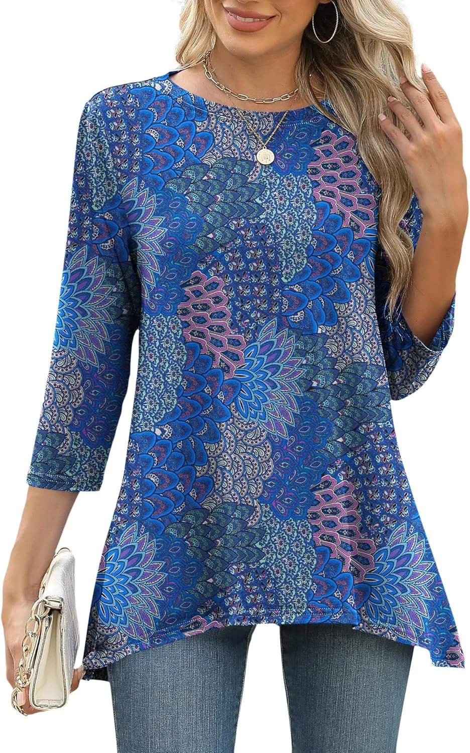 LOMON 3/4 Sleeve Tunic Tops for Women Loose Fit Dressy Casual Blouse Flowy Shirts to Wear with Leggings S-3XL