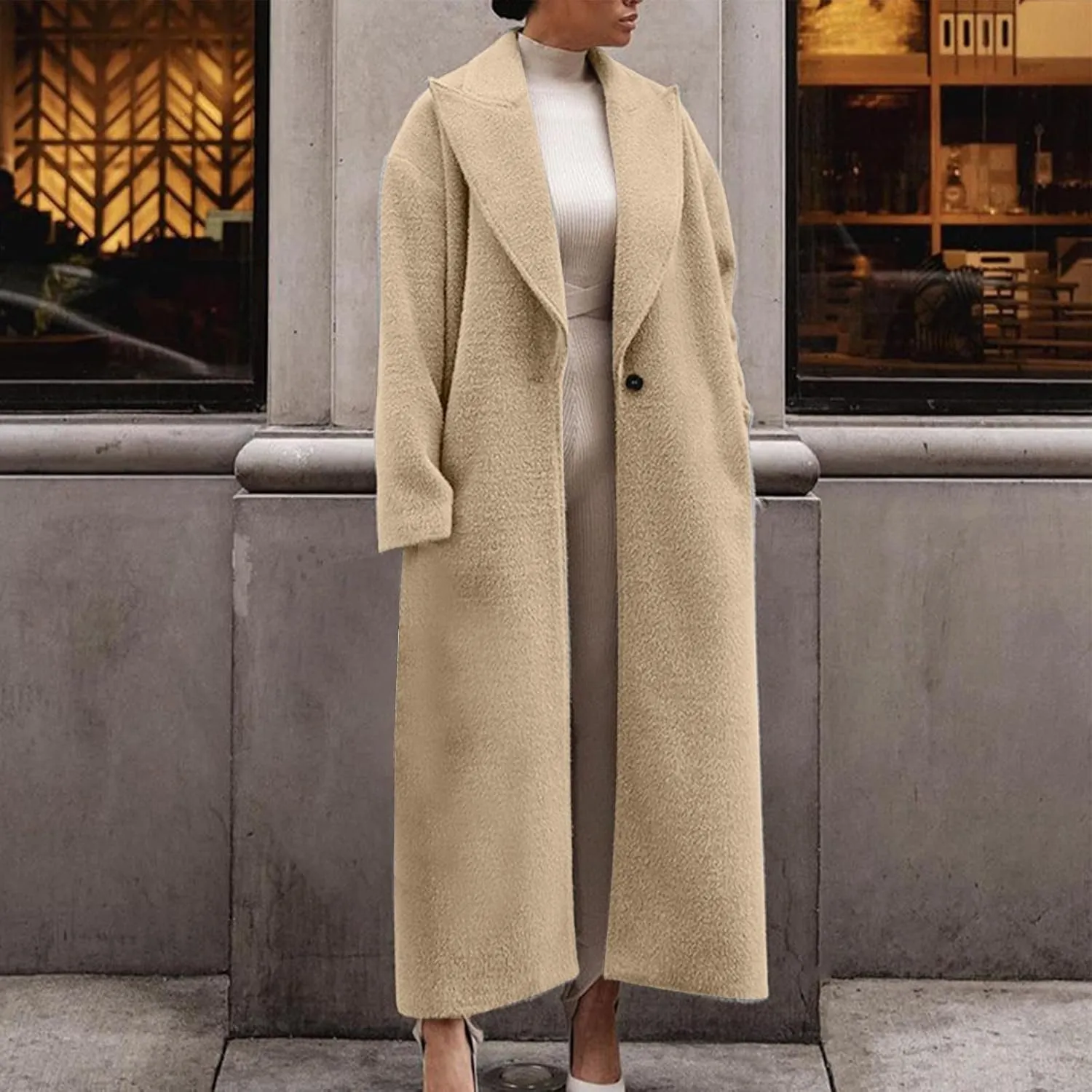 Long Jackets for Women Single Breasted Wool Pea Trench Coats Open Front Knitted Sweater Classic Lapel Solid Overcoat