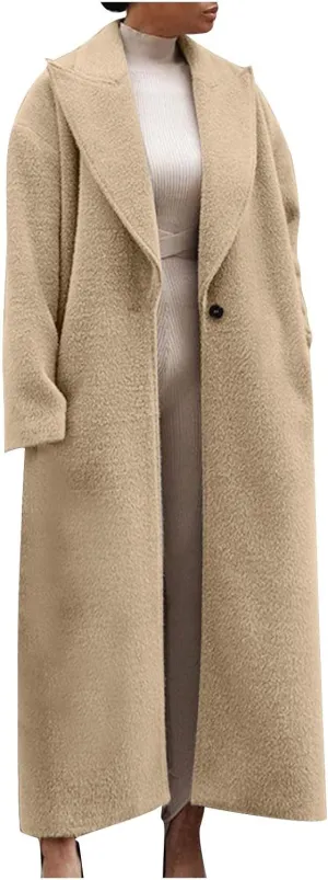 Long Jackets for Women Single Breasted Wool Pea Trench Coats Open Front Knitted Sweater Classic Lapel Solid Overcoat
