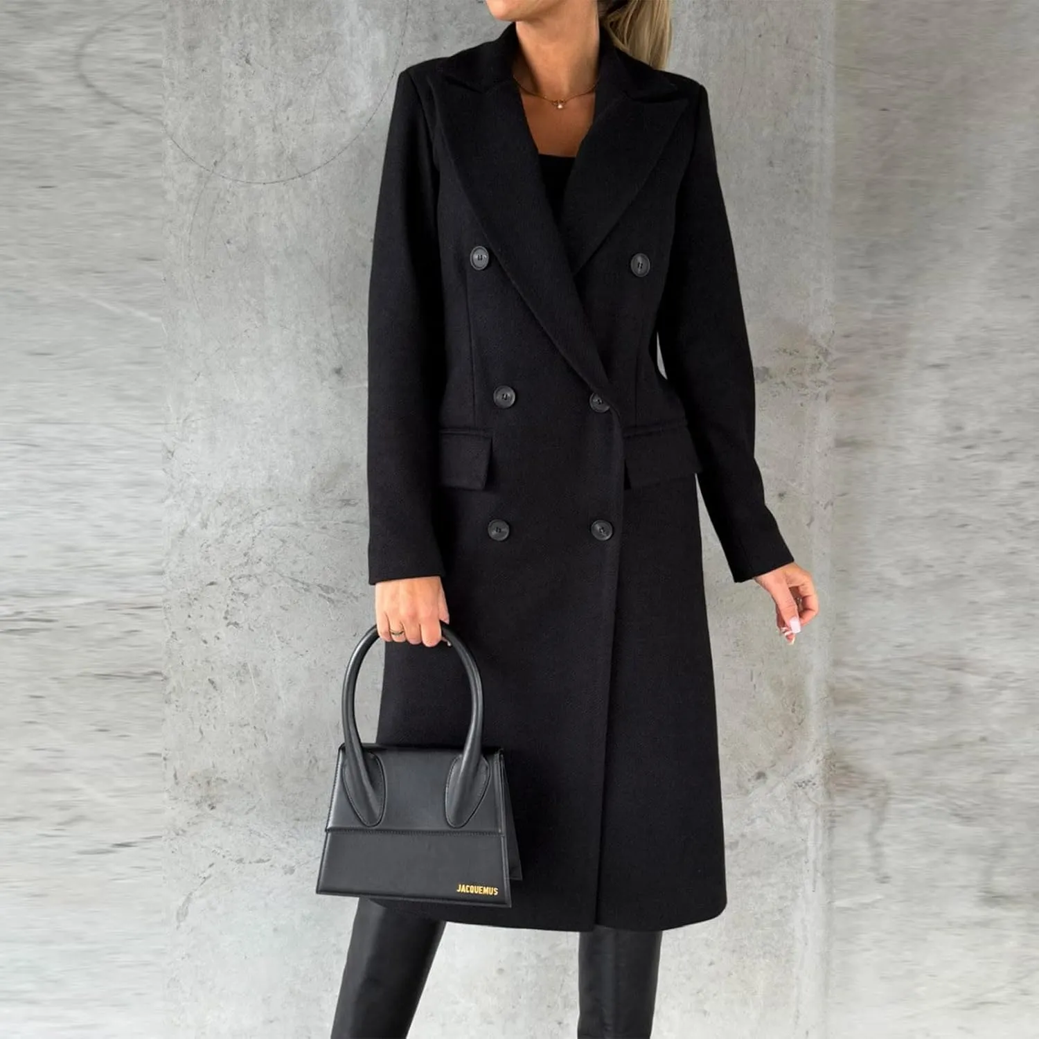 Long Trench Coat for Women Casual Double Breasted Midi Long Wool Pea Coat Notch Lapel Winter Trench Coat
