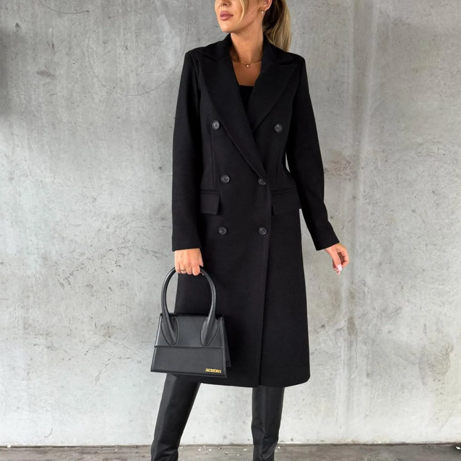 Long Trench Coat for Women Casual Double Breasted Midi Long Wool Pea Coat Notch Lapel Winter Trench Coat