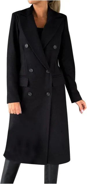 Long Trench Coat for Women Casual Double Breasted Midi Long Wool Pea Coat Notch Lapel Winter Trench Coat