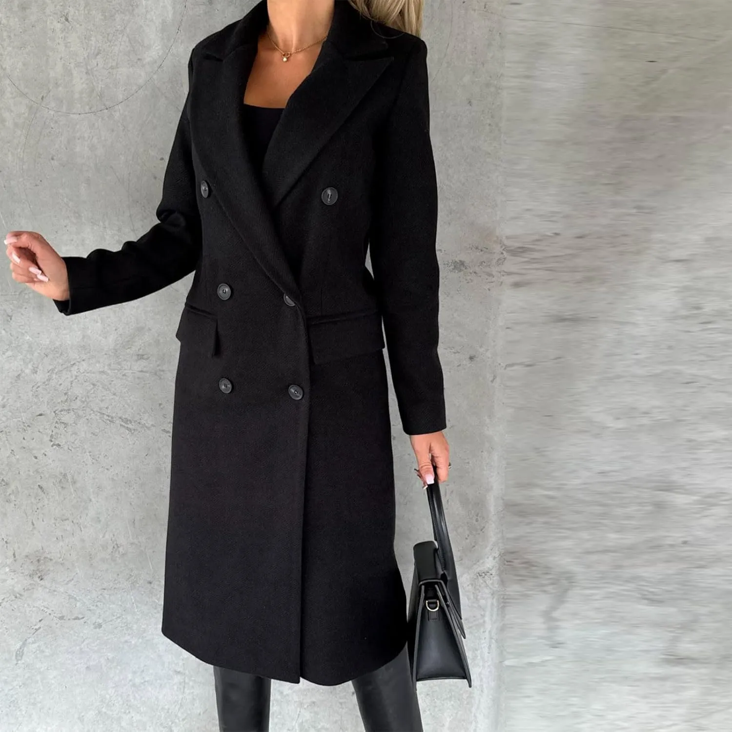Long Trench Coat for Women Casual Double Breasted Midi Long Wool Pea Coat Notch Lapel Winter Trench Coat
