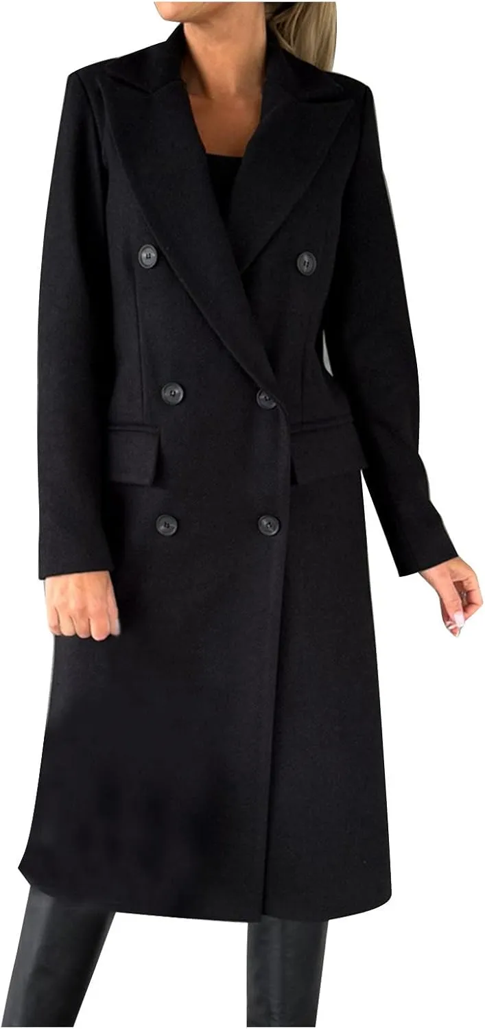 Long Trench Coat for Women Casual Double Breasted Midi Long Wool Pea Coat Notch Lapel Winter Trench Coat