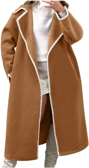 Long Trench Coats for Women Casual Winter Notched Lapel Open Front Pea Coat Wool Blend Comfy Over Coats With Pockets
