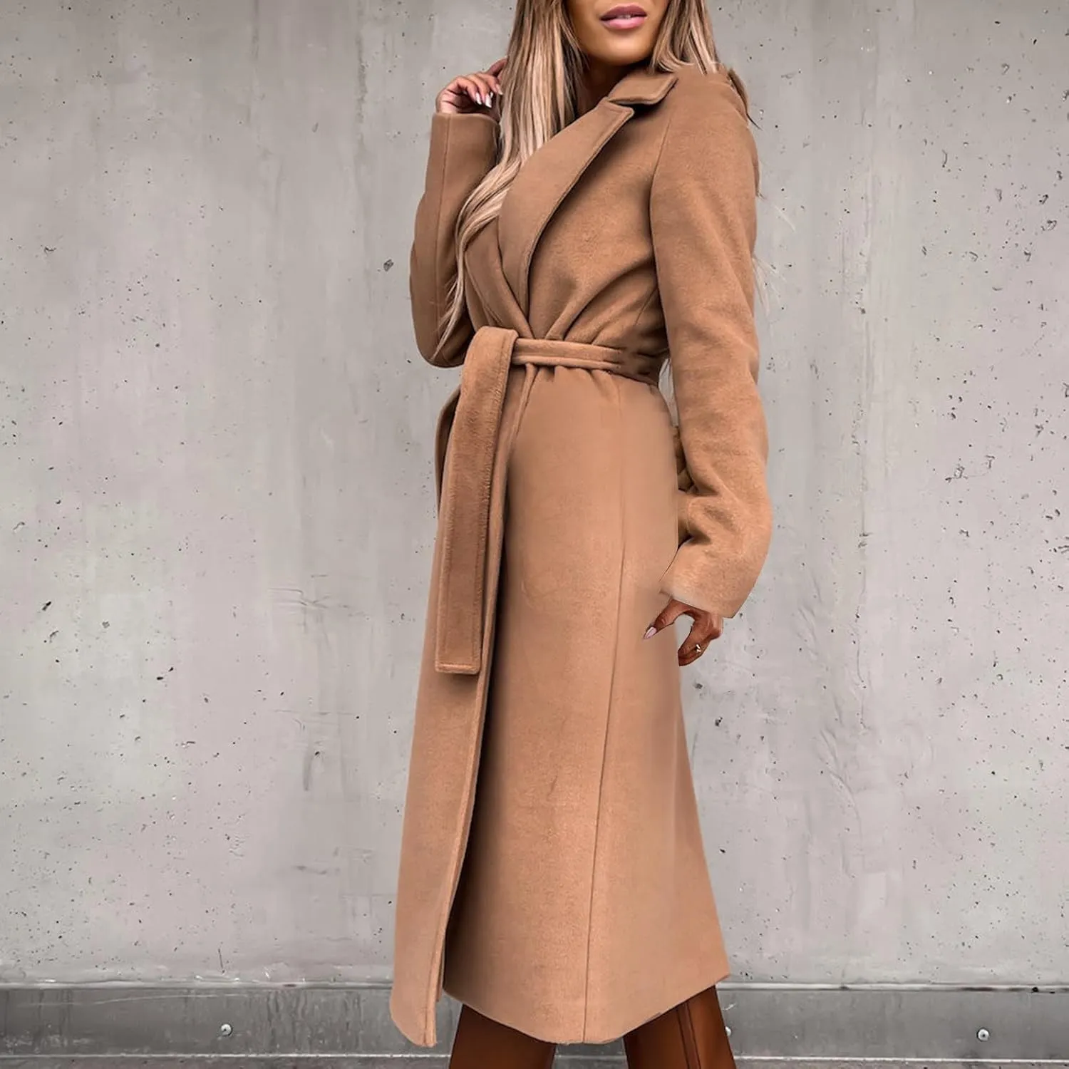 Long Wool Coats for Women Trendy Notched Collar Open Front Trench Coat Woolen Blend Warm Fall Winter Jacket Outwear