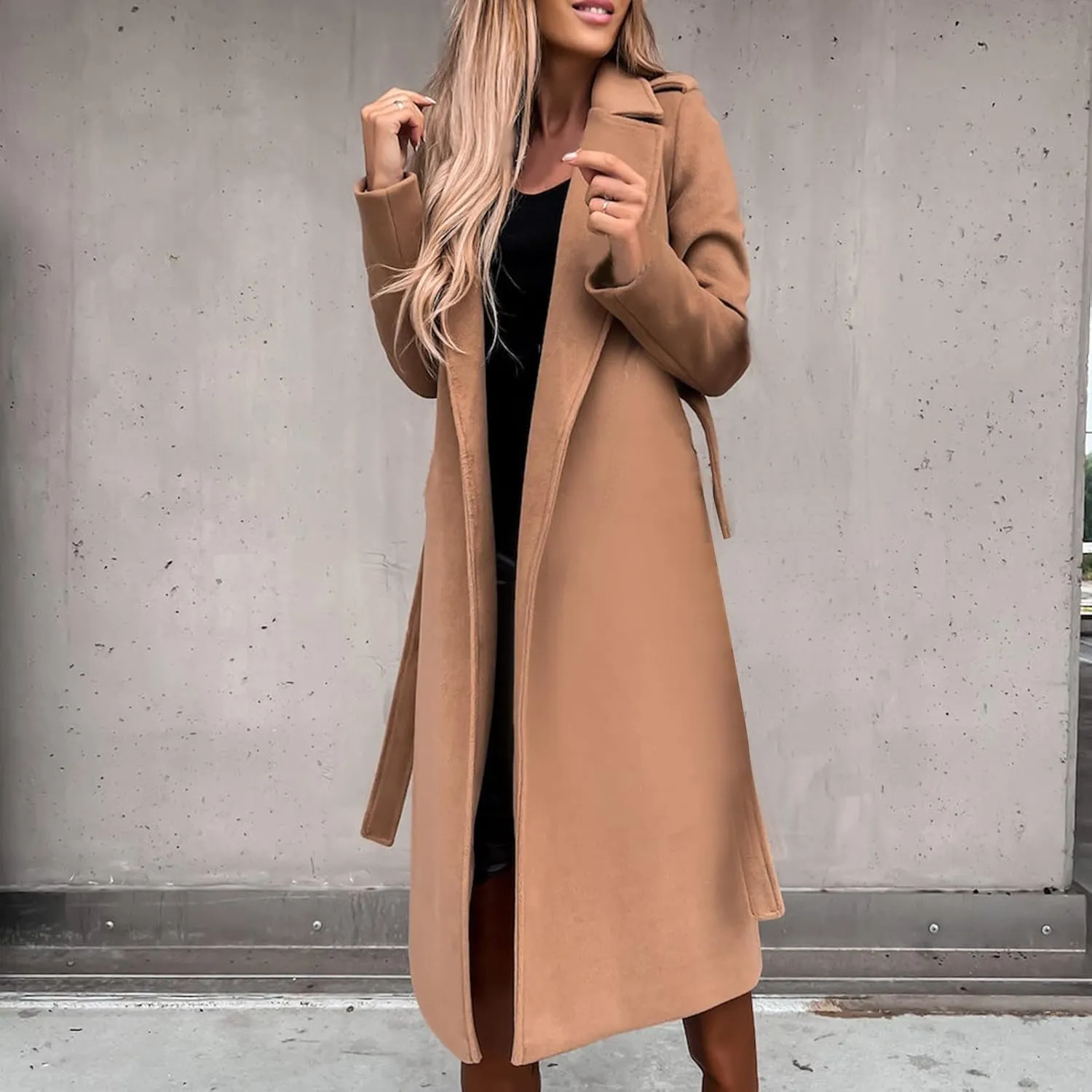 Long Wool Coats for Women Trendy Notched Collar Open Front Trench Coat Woolen Blend Warm Fall Winter Jacket Outwear