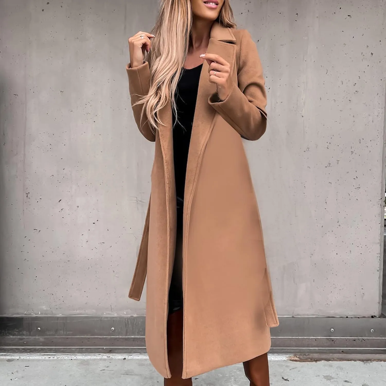 Long Wool Coats for Women Trendy Notched Collar Open Front Trench Coat Woolen Blend Warm Fall Winter Jacket Outwear