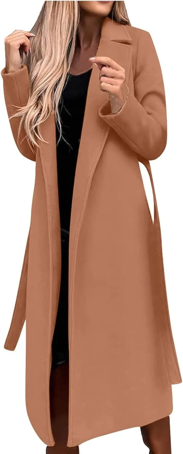 Long Wool Coats for Women Trendy Notched Collar Open Front Trench Coat Woolen Blend Warm Fall Winter Jacket Outwear