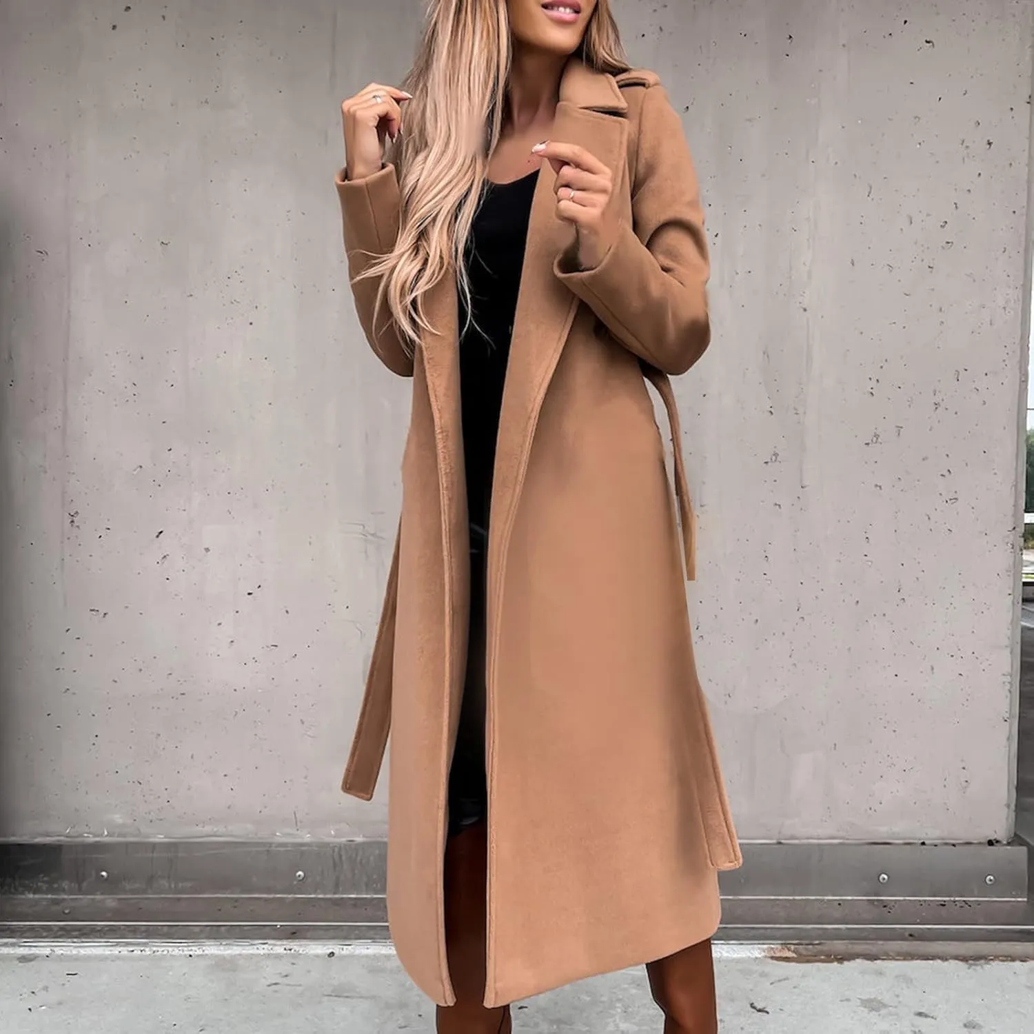 Long Wool Coats for Women Trendy Notched Collar Open Front Trench Coat Woolen Blend Warm Fall Winter Jacket Outwear