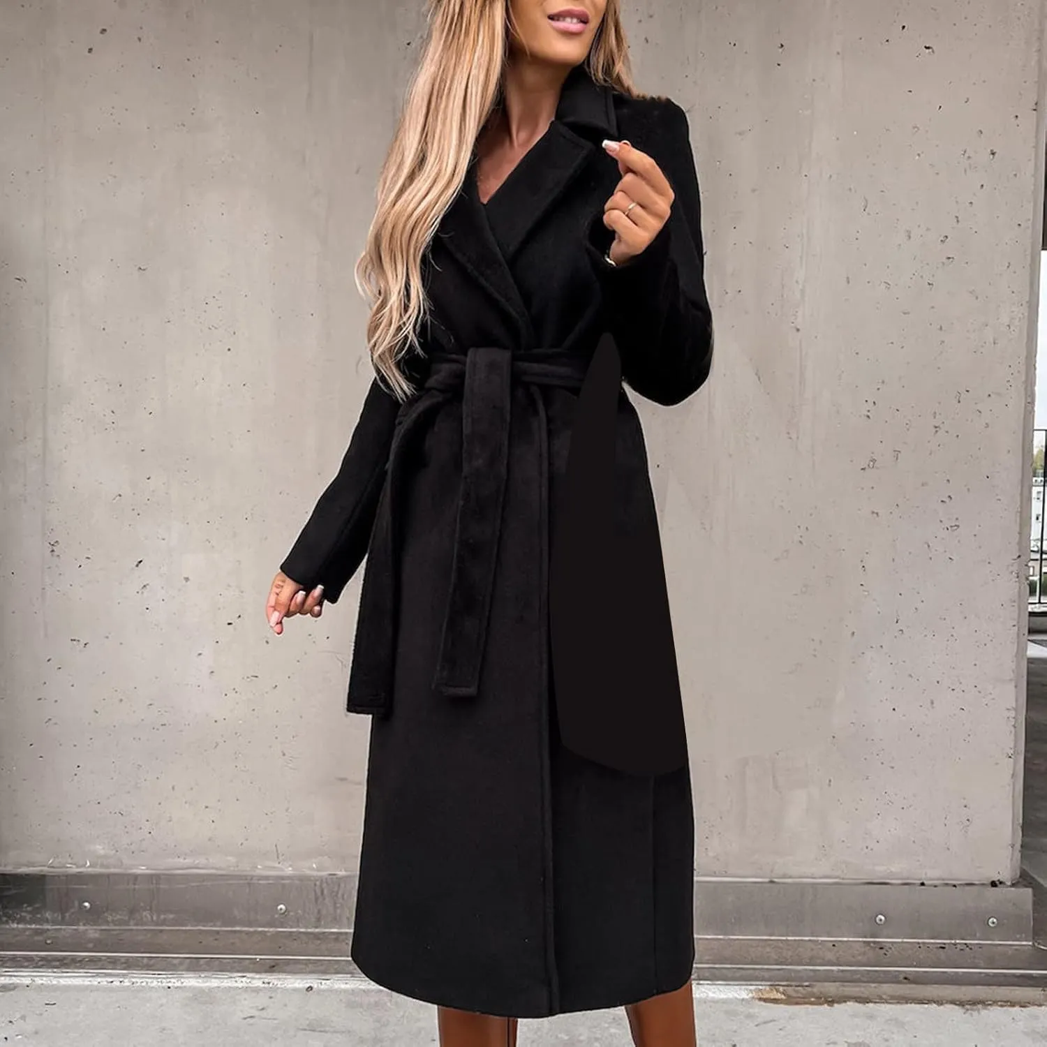 Long Wool Coats for Women Trendy Notched Collar Open Front Trench Coat Woolen Blend Warm Fall Winter Jacket Outwear