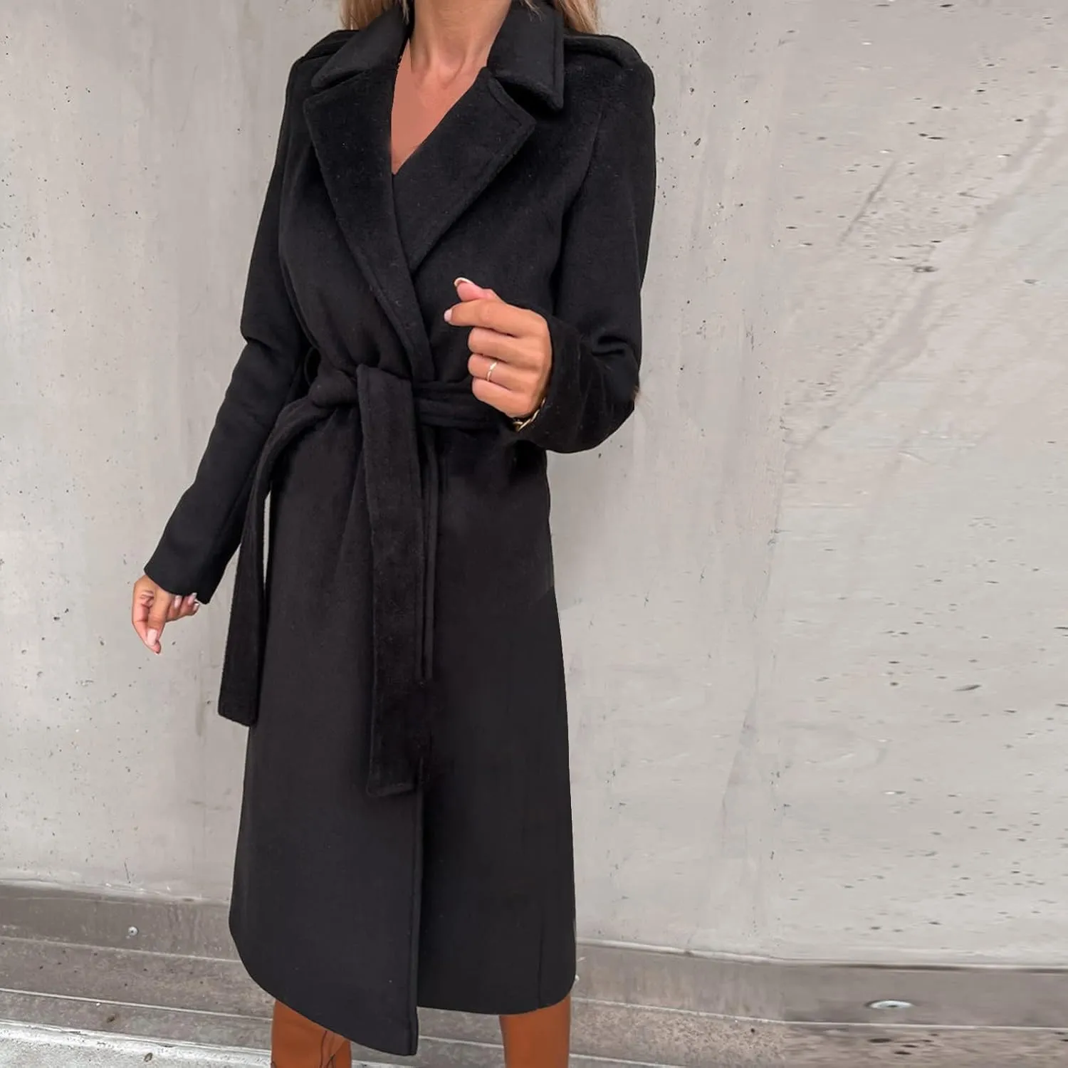 Long Wool Coats for Women Trendy Notched Collar Open Front Trench Coat Woolen Blend Warm Fall Winter Jacket Outwear