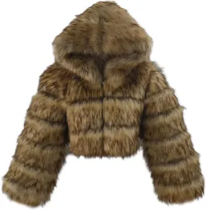 loveimgs Women Winter Fuzzy Hooded Cropped Faux Fur Jacket Puffer Coat Fluffy Parka Leather Warm Zip Up Teddy Coat