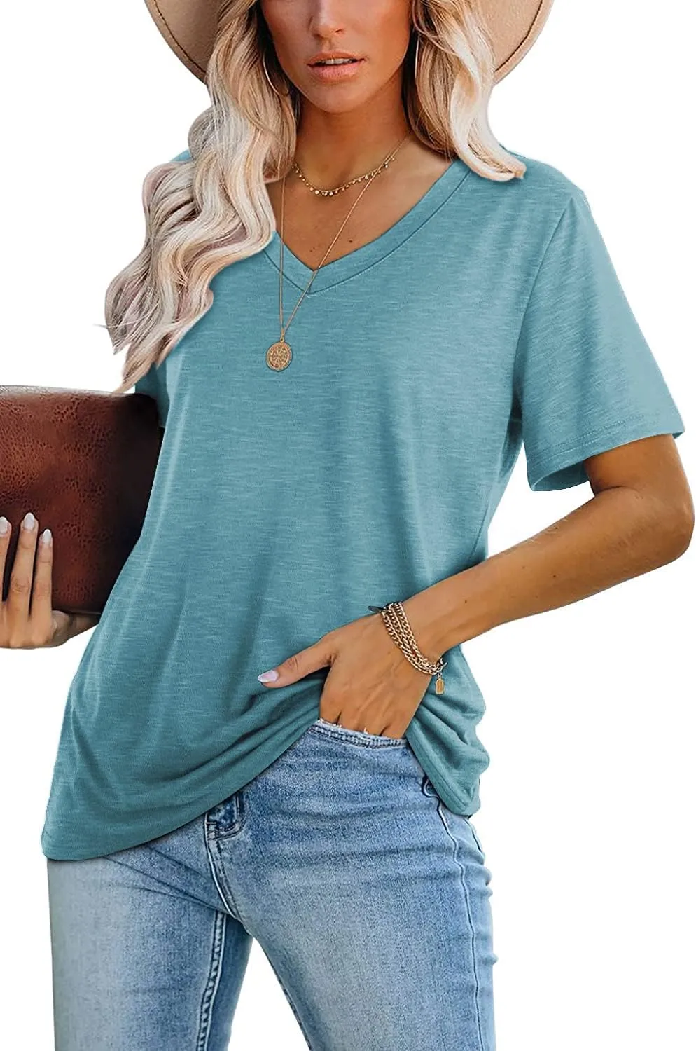 Lunivop Womens Tops Casual V Neck Short Sleeve Solid Color Basic T Shirt