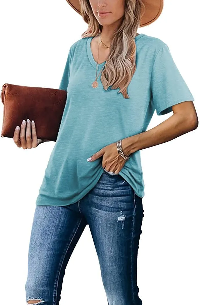 Lunivop Womens Tops Casual V Neck Short Sleeve Solid Color Basic T Shirt