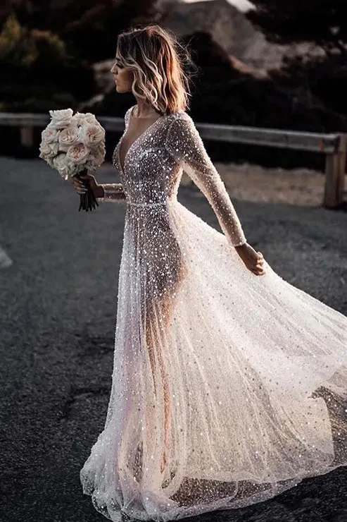 Luolandi Bohemian A-Line Sparkly Sequined Luxury Wedding Dresses V-neck Open Back Sexy