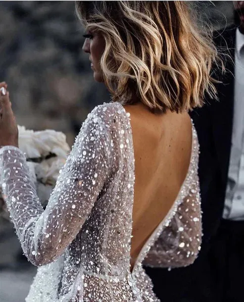 Luolandi Bohemian A-Line Sparkly Sequined Luxury Wedding Dresses V-neck Open Back Sexy