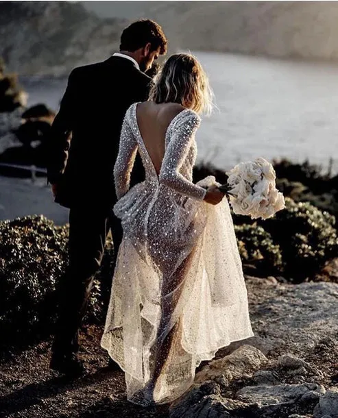 Luolandi Bohemian A-Line Sparkly Sequined Luxury Wedding Dresses V-neck Open Back Sexy