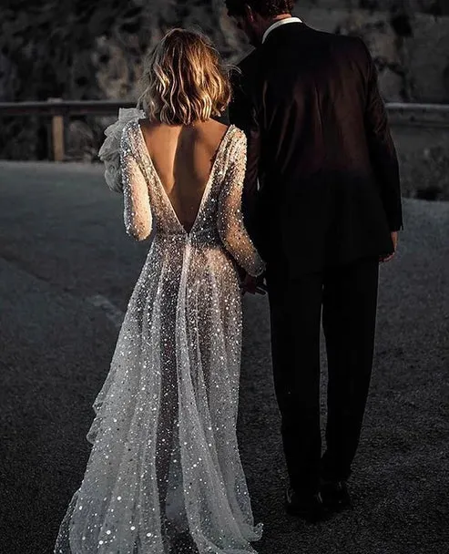 Luolandi Bohemian A-Line Sparkly Sequined Luxury Wedding Dresses V-neck Open Back Sexy