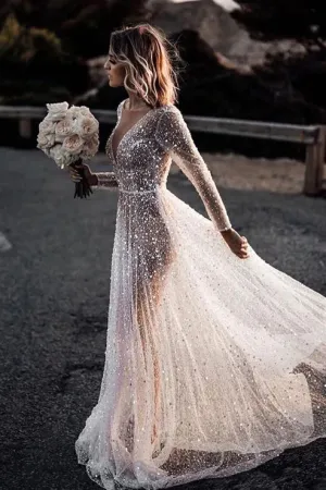 Luolandi Bohemian A-Line Sparkly Sequined Luxury Wedding Dresses V-neck Open Back Sexy