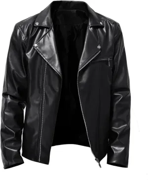 Men Faux Leather Jacket Vintage Asymmetric Zip Biker Jackets Fall Winter Lightweight Coat Long Sleeve Outerwear