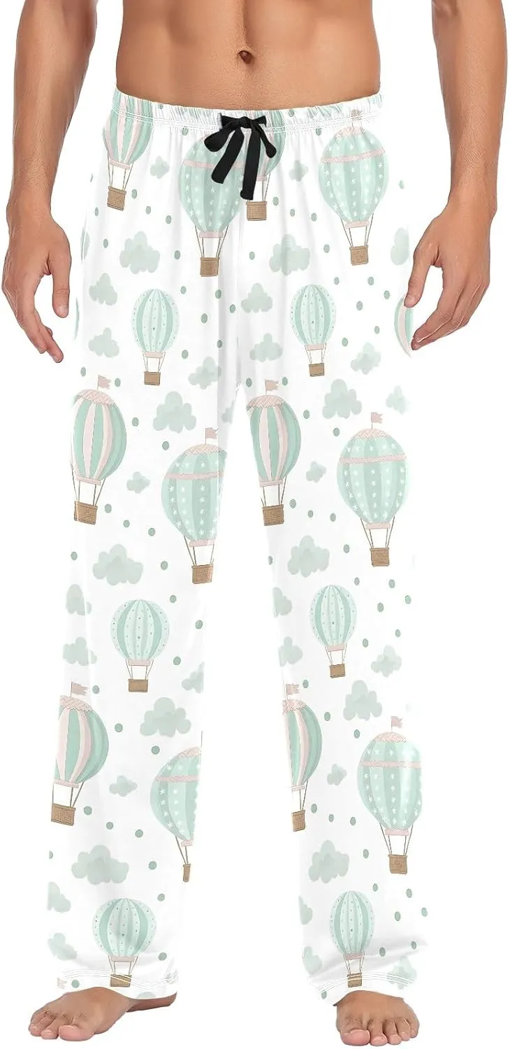 Men Pajama Pants Hot Air Balloon Clouds Pattern Lounge Comfortable Relaxed Sleepwear Bottom