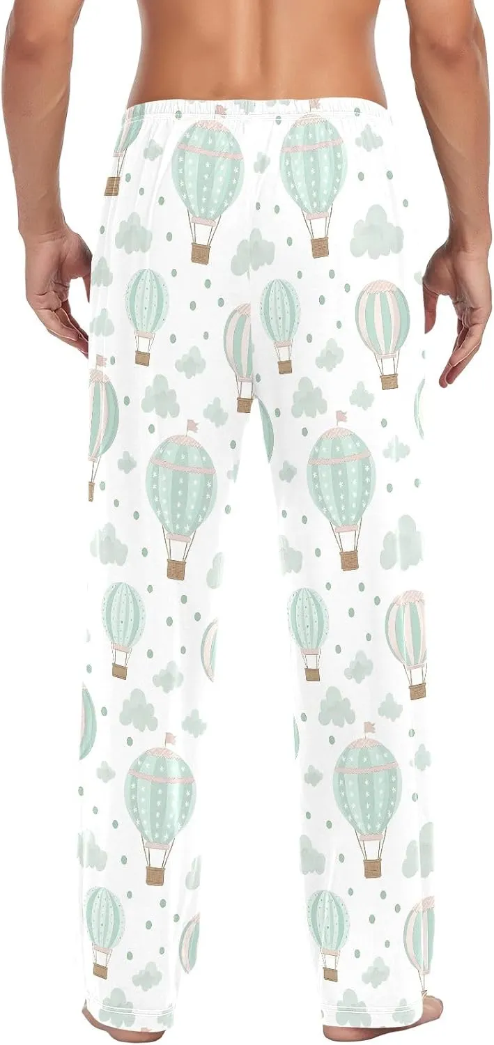 Men Pajama Pants Hot Air Balloon Clouds Pattern Lounge Comfortable Relaxed Sleepwear Bottom