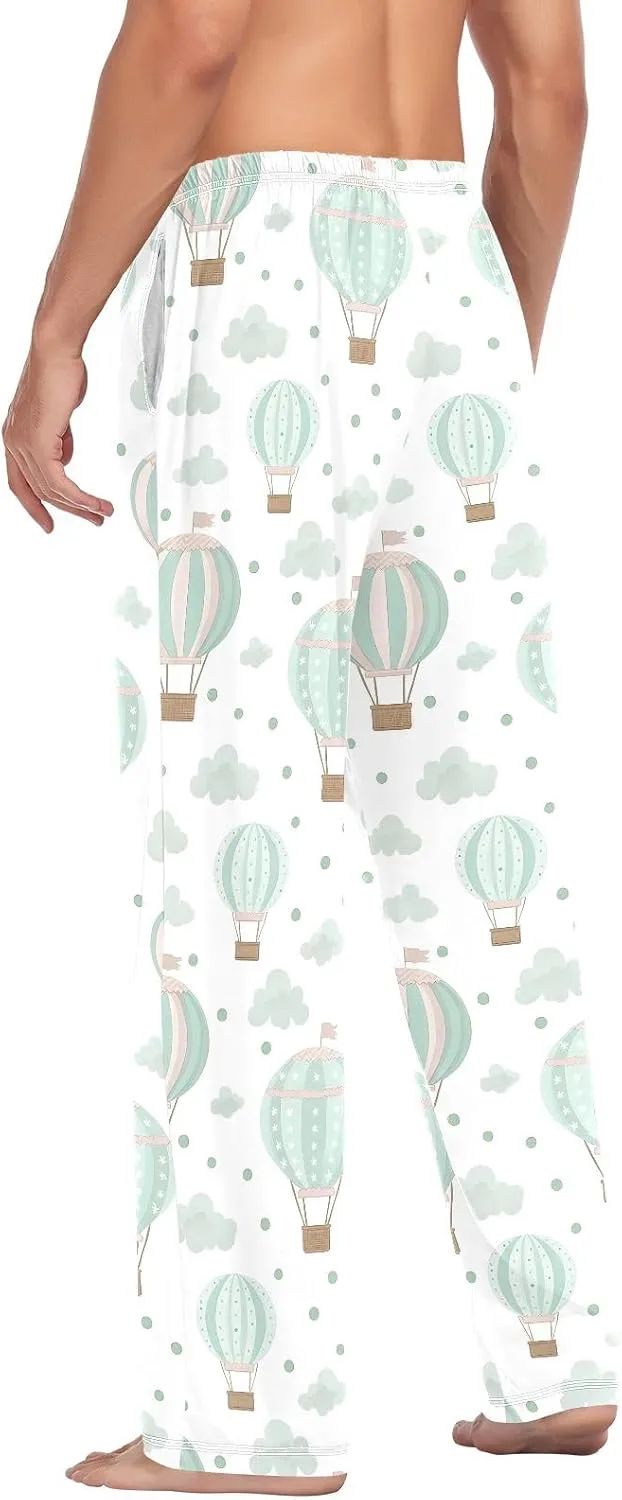 Men Pajama Pants Hot Air Balloon Clouds Pattern Lounge Comfortable Relaxed Sleepwear Bottom