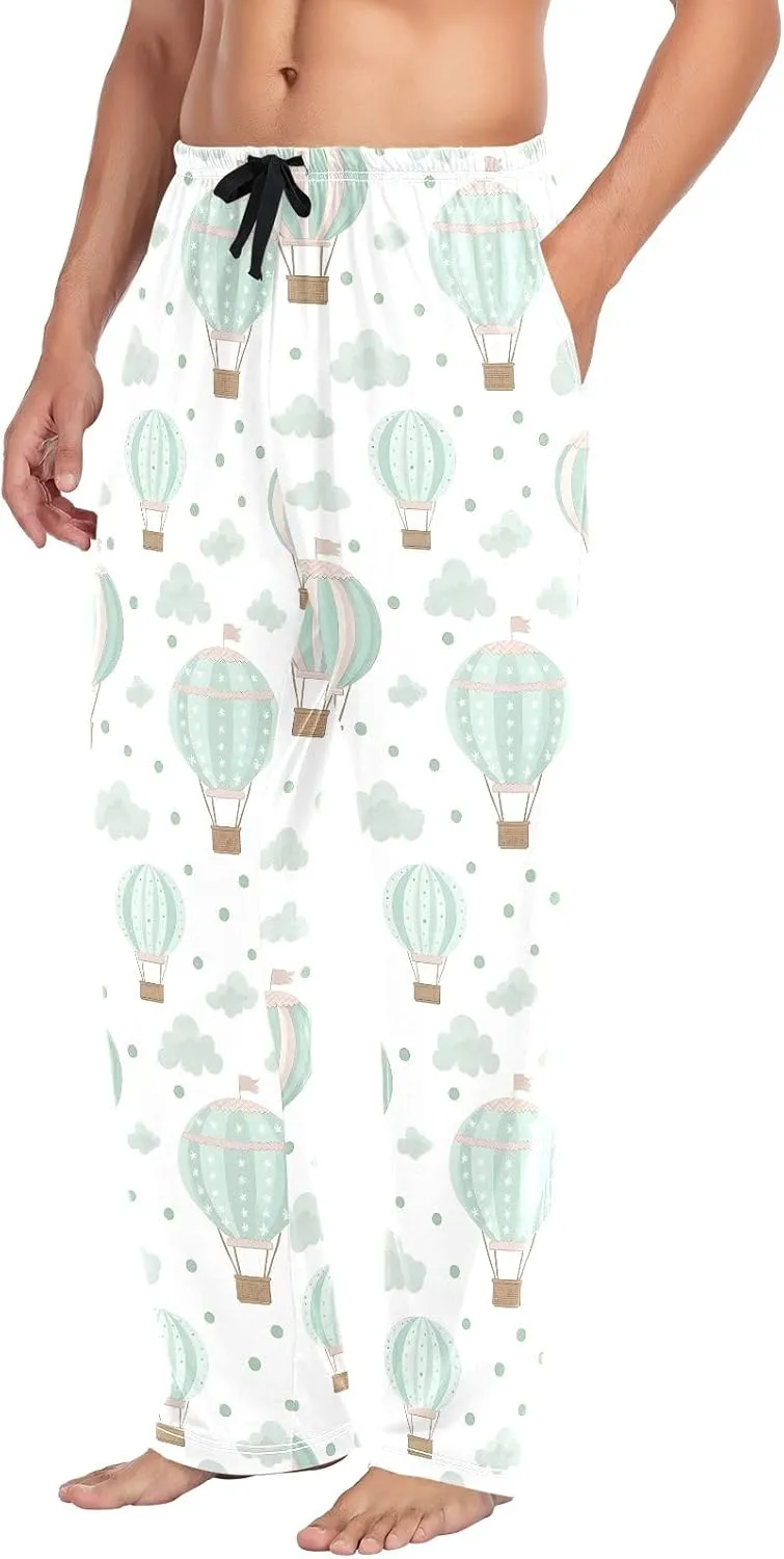 Men Pajama Pants Hot Air Balloon Clouds Pattern Lounge Comfortable Relaxed Sleepwear Bottom