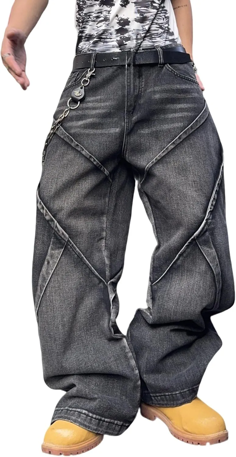 Mens Baggy Jeans Patchwork Y2k Hip Hop Wide Leg Denim Pants Casual Loose Fit Trousers Streetwear