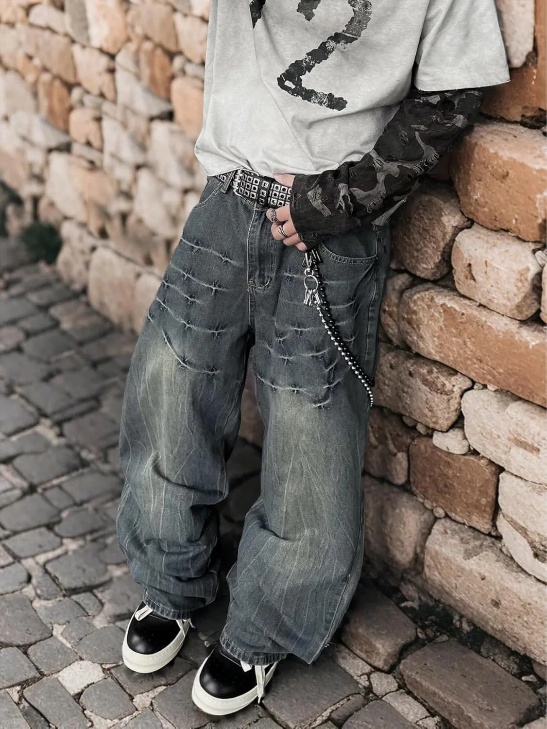 Mens Baggy Jeans Patchwork Y2k Hip Hop Wide Leg Denim Pants Casual Loose Fit Trousers Streetwear