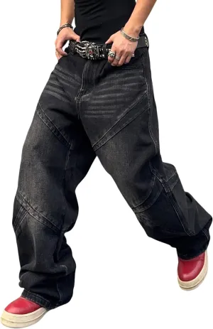 Mens Baggy Jeans Patchwork Y2k Hip Hop Wide Leg Denim Pants Casual Loose Fit Trousers Streetwear