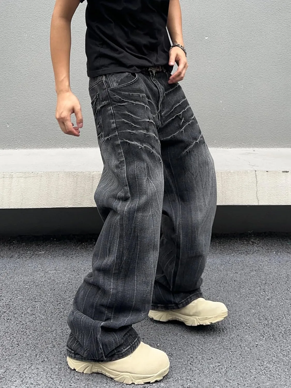 Mens Baggy Jeans Patchwork Y2k Hip Hop Wide Leg Denim Pants Casual Loose Fit Trousers Streetwear