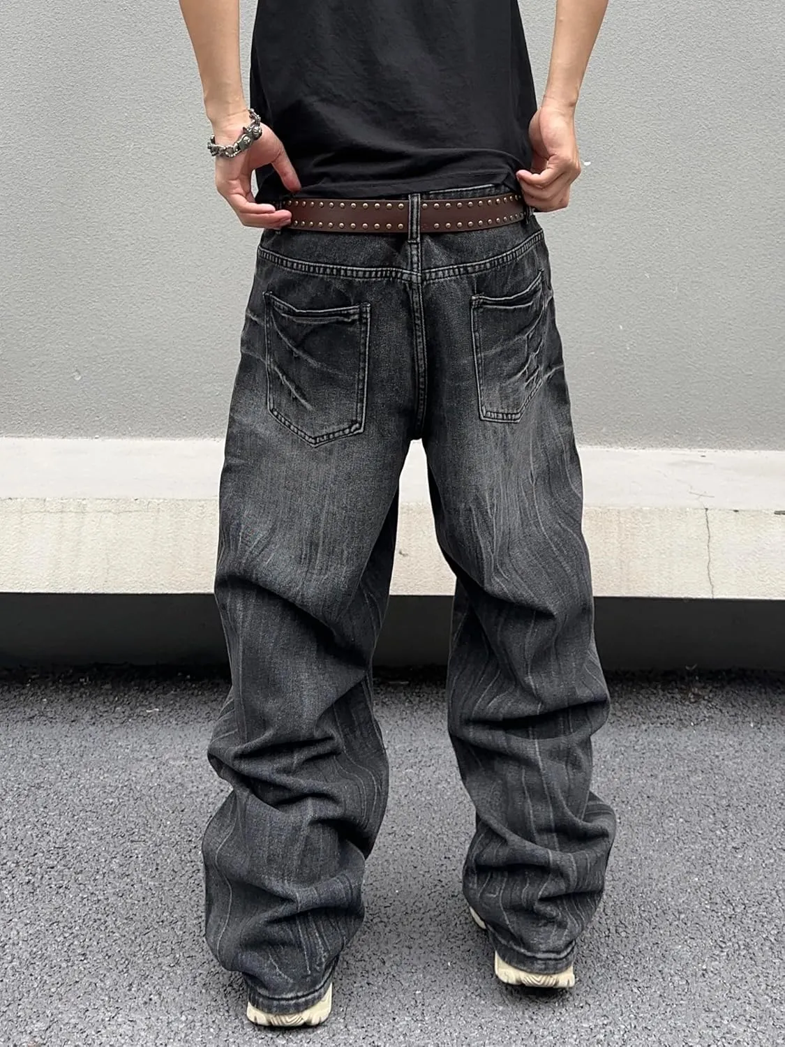 Mens Baggy Jeans Patchwork Y2k Hip Hop Wide Leg Denim Pants Casual Loose Fit Trousers Streetwear