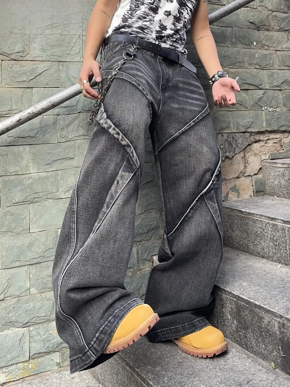 Mens Baggy Jeans Patchwork Y2k Hip Hop Wide Leg Denim Pants Casual Loose Fit Trousers Streetwear