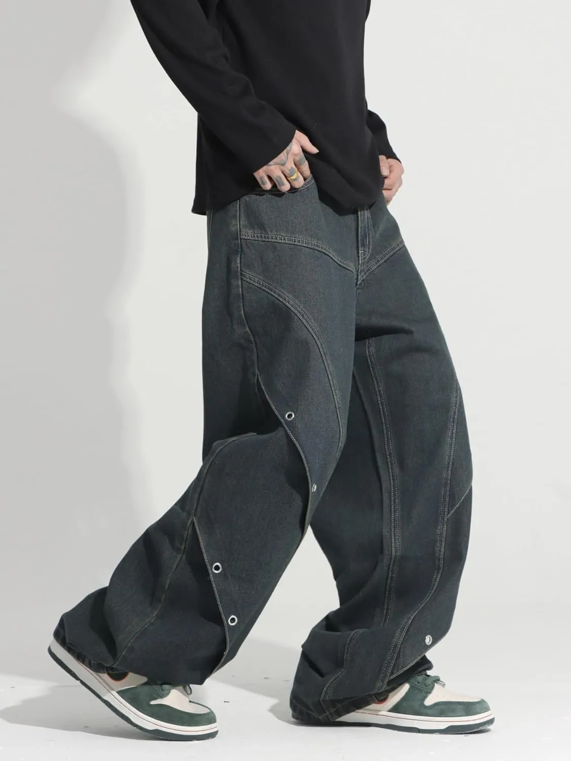 Mens Baggy Jeans Patchwork Y2k Hip Hop Wide Leg Denim Pants Casual Loose Fit Trousers Streetwear