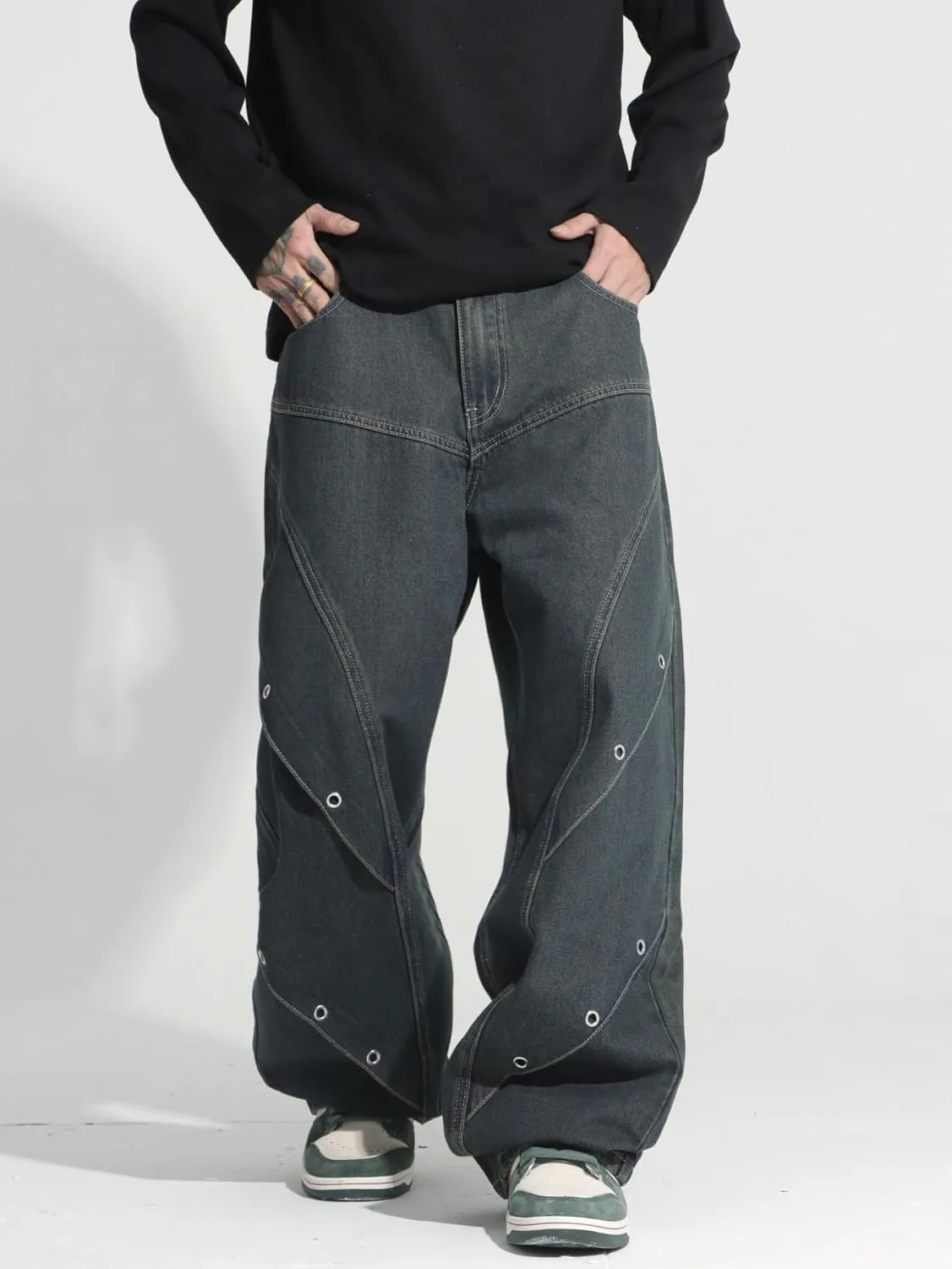 Mens Baggy Jeans Patchwork Y2k Hip Hop Wide Leg Denim Pants Casual Loose Fit Trousers Streetwear